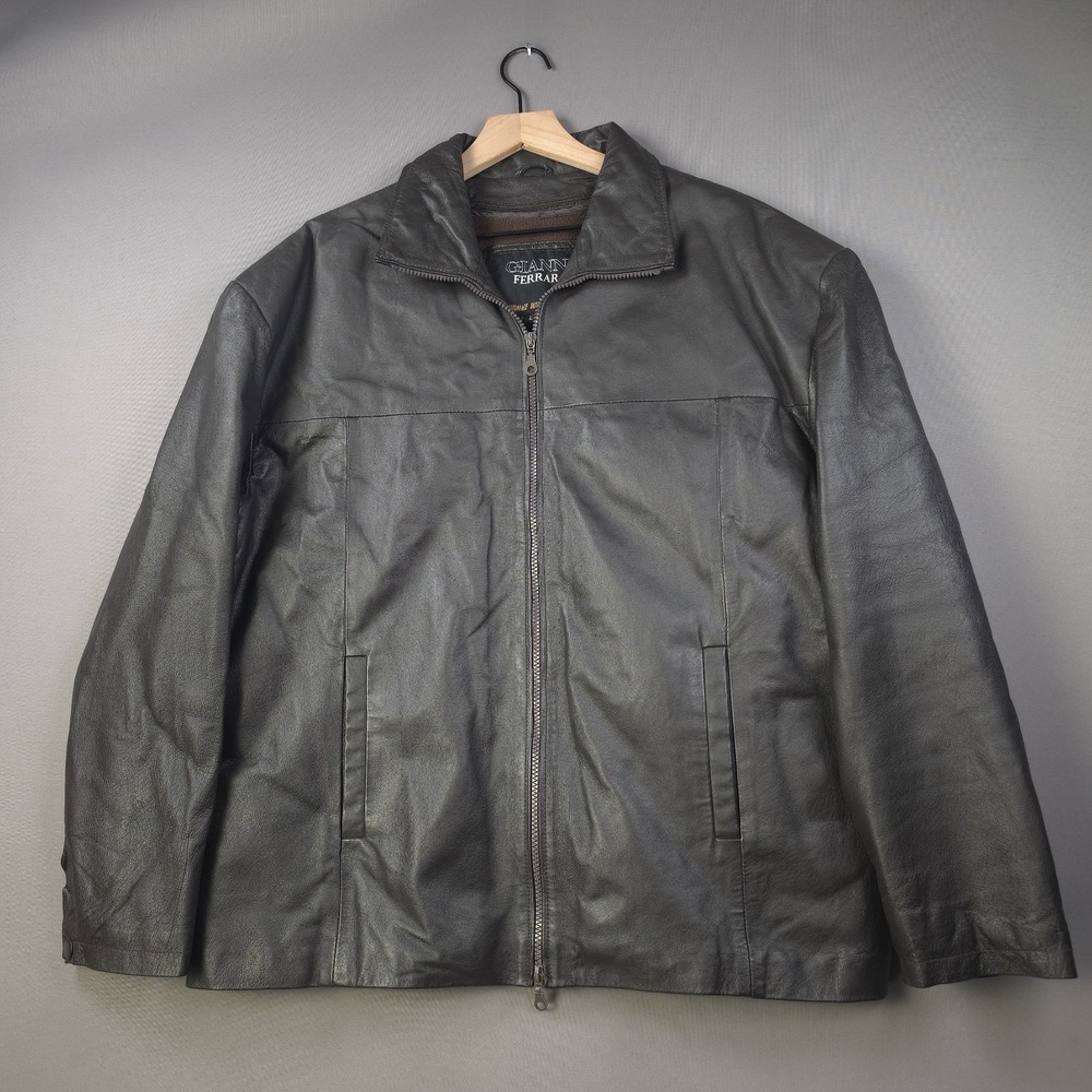 Gianni Ferrara Black Leather Jacket Mens L Fleece Lined Full Zip Bomber Car Coat